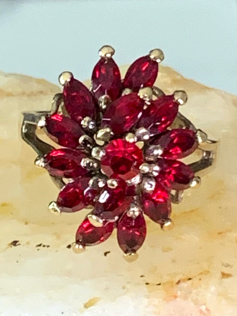 Vintage Heavy Gold plated Red Flower Cluster Ring Red Marquise Stones  Size 8
